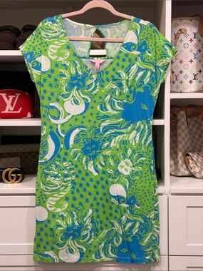 Lilly Pulitzer Green, Blue & White Floral Print V-Neck Dress